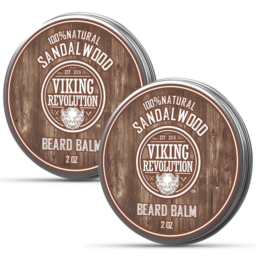Viking Revolution Sandalwood Barbă Balm - Unt de barbă cu ulei de argan, Beard Softner pentru bărbați cu ulei de jobaba - Barbă Moisturizer pentru bărbați cu Beeswax - Beard Wax pentru bărbați (2oz, 2 Pack)