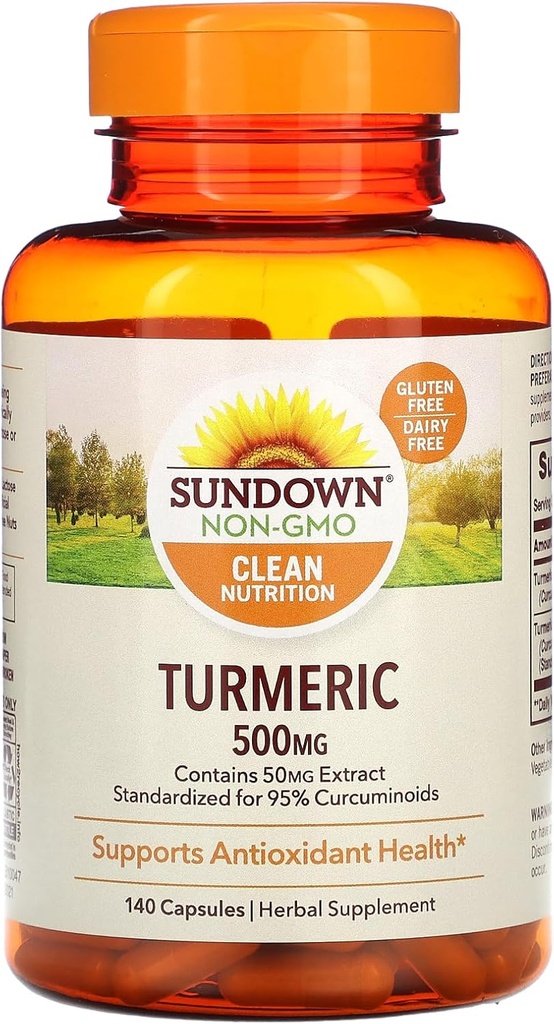 Sundown Supliment Turmeric, 500 mg, Suportă Sănătate Antioxidantă, 140 Capsule