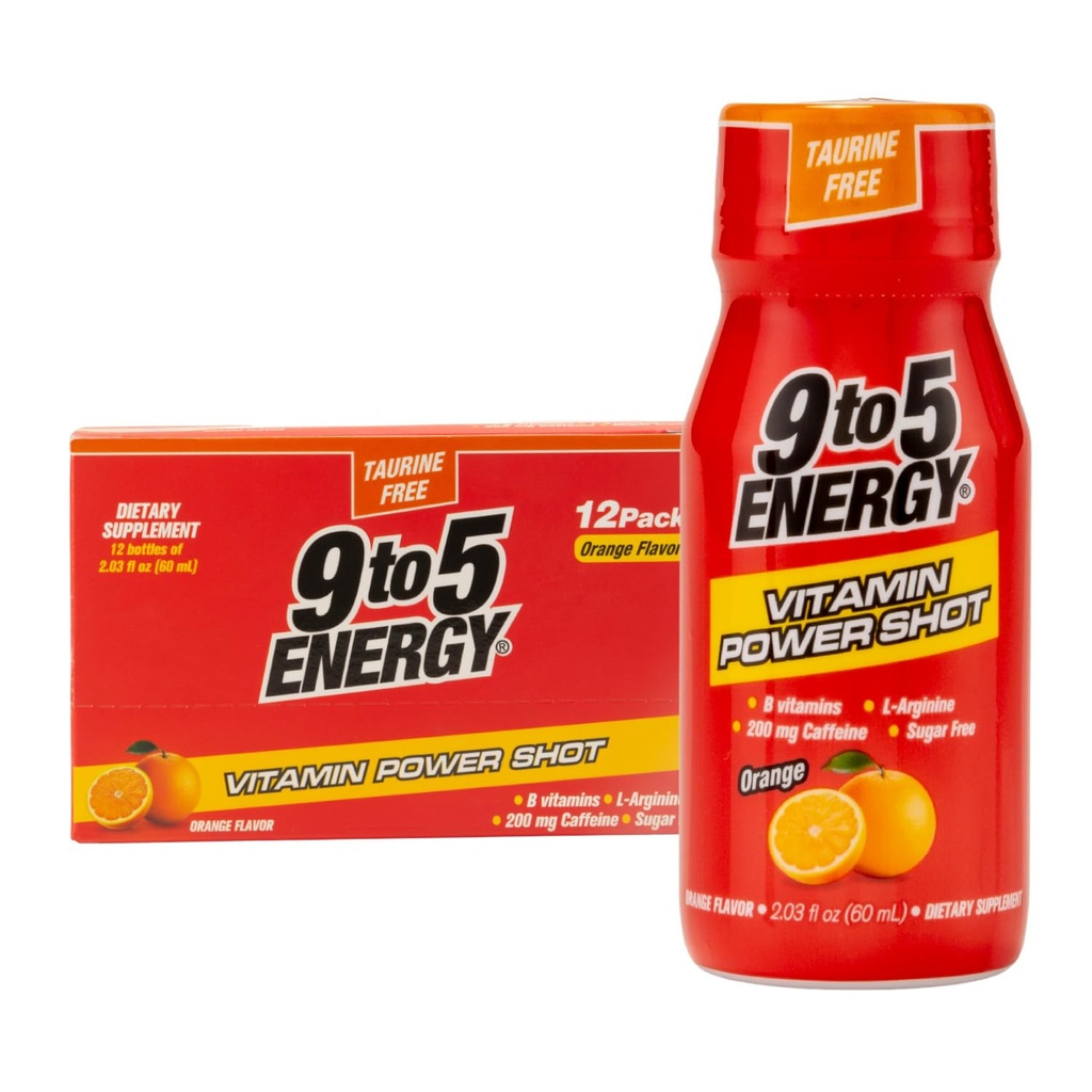 Shot de putere vitamine - Orange Flavor, Taurina-Free, Sugar-Free, 12 Pack (2,03 fl oz Each) - Boost Energy, Focus, și Vitality cu vitamine B și L-Arginina