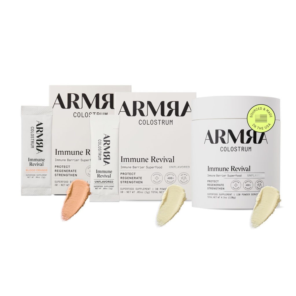 ARMRA ColostrumTM Premium Powder, Grass Fed, Gut Health Blooting Imunity Skin & Hair, Conține 400+ Bioactive Nutrients, Keto, Gluten & Fat Free (Blood Orange, Unflavored Bundle 