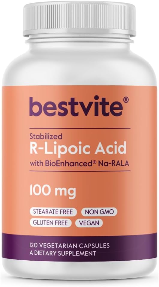 BESTVITE R-Lipoic Acid 100mg stabilizat cu Bio-Enhanced® Na-RLA (120 Capsule vegetariene) No Stearates - No Flow Agents - Vegan - Non-GMO - Gluten Free
