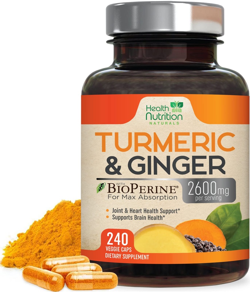 Curcumina Turmeric Supliment 2600 mg - cu ghimbir organic & Turmeric, 95% Curcuminoide, BioPerine Black Pepper pentru cea mai bună absorbţie, Nature's Vegan Joint Support, Non-GMO, îmbuteliat în SUA - 240 capsule