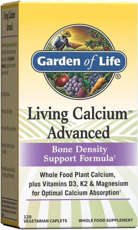 Garden of Life Living Calciu Advanced Bone Density Support Formula, 1000 mg Whole Food Plant Calciu Plus Vitamine D3, K1 și Magneziu pentru Absorbție, 120 Vegetarian Caplets