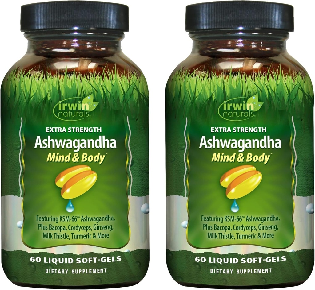 Irwin Naturals Extra Putere Ashwagandha - 60 lichid Soft-Gels - Ajuta la cresterea performantei fizice si mentale - cu Tumeric & Milk Thistle - 60 Serviri