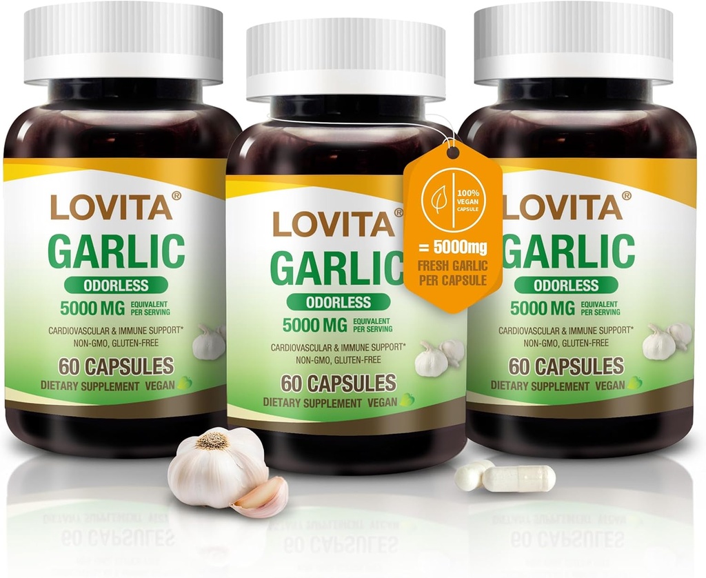 Lovita Odorless Usturoi Capsule, 5000 mg Fresh Usturoi Echivalent, 1,25% Allicin Extract, Suporturi Inimă, Tensiunea arterială, Colesterol & Sistem Immun, Non-GMO, Gluten-Free, 180 Vegan capsule