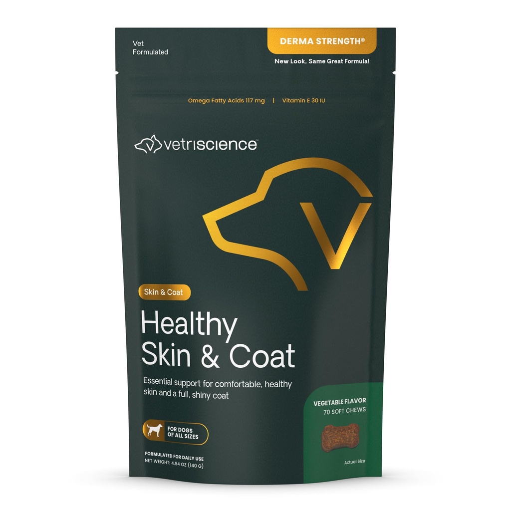 VetriScience Healthy Skin & Coat Chews, Derma Putere Omega-3 Suplimentul de ulei de somon pentru câini, Omega Piele și Coat Chews, Skin Health, Coat Creștere, Ulei de pește și vitamina E, Veggie, 70 Conte