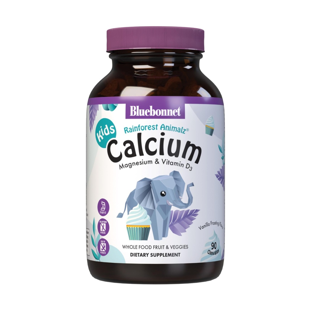 BlueBonnet Super Earth Rainforest Animalz Calciu Magneziu si vitamina D3 Chews, Vanilie naturala Frosting, Alb, 90 Conte