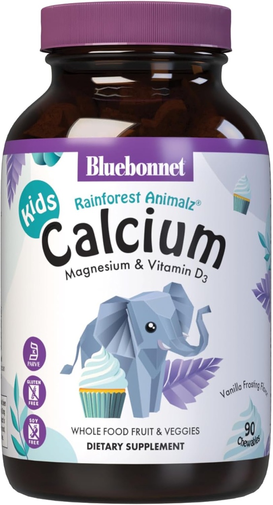BlueBonnet Super Earth Rainforest Animalz Calcium Magnesium And Vitamin D3 Chews, Natural Vanilla Frosting, White, 90 Count