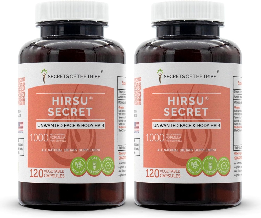 Hirsu Secret 120 Capsule (2 buc), 1000 mg, Saw Palmetto, Black Cohosh, Vitex, Spearmint, Lavender, Ceai verde. Păr & corp nedorit (2x120 capsule)
