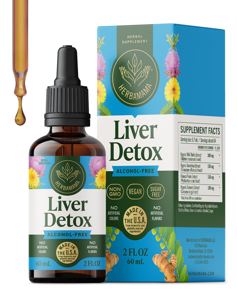 HERBAMAMA Ficat Curățare Detoxifiere & Reparație - Suplimentul de sprijin pentru ficat - Picături lichide cu muls de lapte, Root Dandelion & Chanca Piedra - Alcool și zahăr-Liquid Cleanse Supliment, 42 de zile de aprovizionare