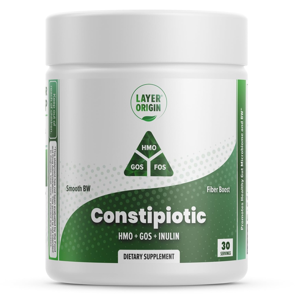 Layer Origin Constipiotic Prebiotic Fiber to Ease Bowel Movement and Support Regularity - 4.4 g Per Serving - HMO 2'FL, GOS, Inulin FOS - 30-Day Supply - Unflavored, No Taste, Distilate Easyly