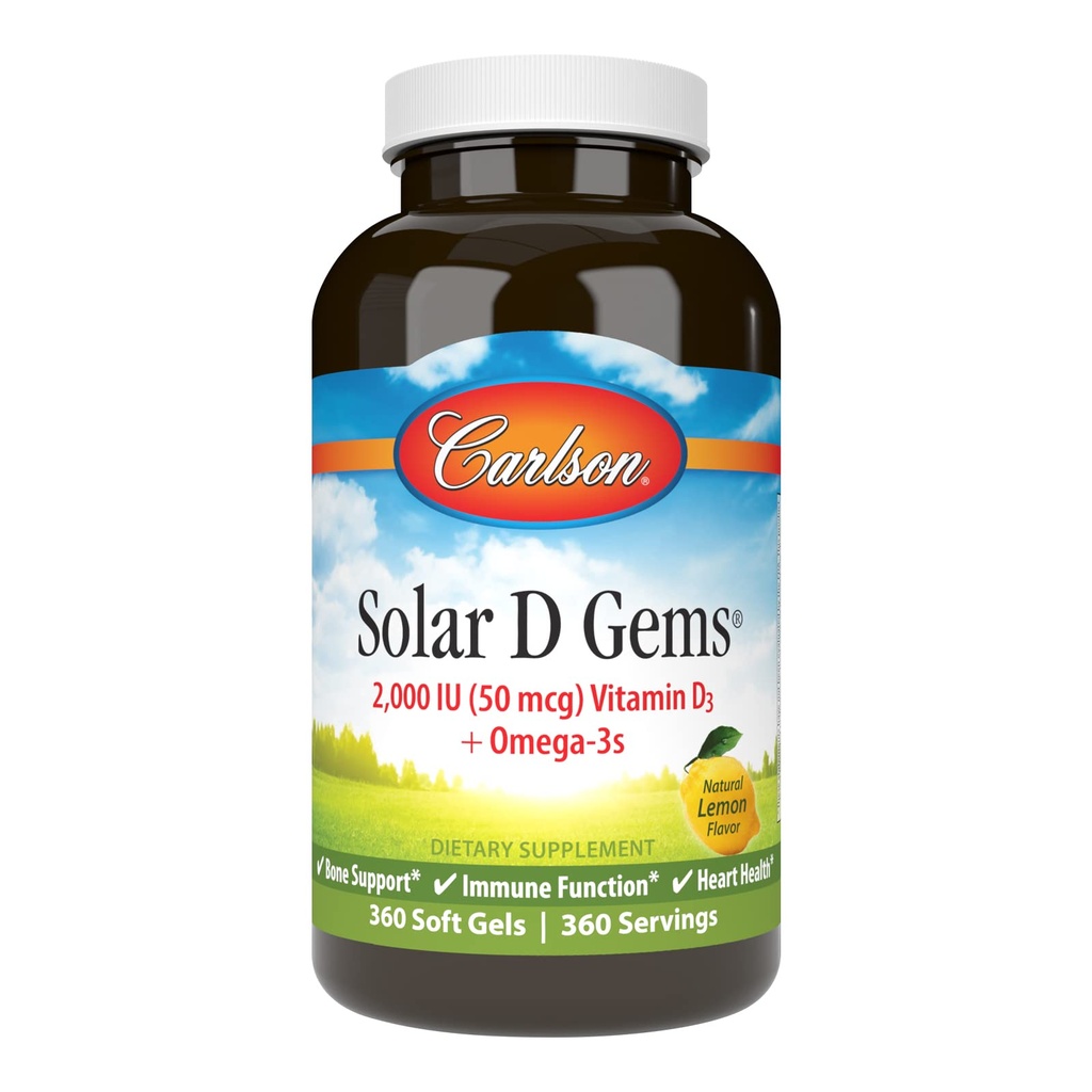Carlson - Solar D Gems, Vitamina D3 și Omega-3 Supliment, 2000 UI (50 mcg) Vitamina D3, 115 mg Omega-3s EPA și Suplimentul DHA, Wild Caught, Sustenabil Sourced, Lemon, 360 Softgels