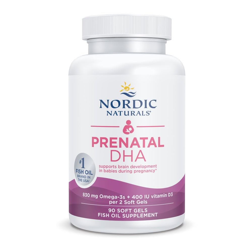 Nordic Naturals Prenatal DHA, Nearomated - 90 Soft Gels - 830 mg Omega-3 + 400 UI Vitamina D3 - Sprijină dezvoltarea creierului la copii în timpul sarcinii și alăptării - Non-GMO - 45 Serviri