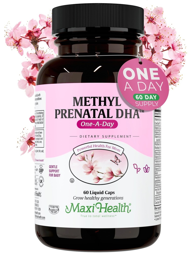 Maxi Health - Metil prenatal DHA Vitamine prenatale Femei - Doctor Formulat, Kosher, Gluten Multivitamine prenatale gratuite cu 25 Nutrients Inclusiv DHA, Acid folic & More, 60 Capace lichide