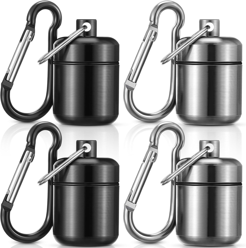 Hicarer 4 Pack Plug ureche transporta caz Portable Pilula Holder caz rezistent la apa Metal Pilula mici Container pentru dopuri de urechi si detinator de bijuterii (negru, gri)