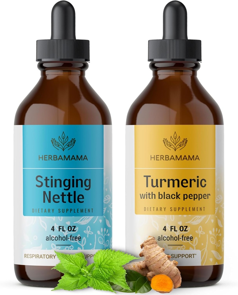 HERBAMAMA Herbal Liquid Drops Kit - Bundle of Stinging Nettle & Turmeric Curcumin Tincture 4 fl oz - Vegan, Non-GMO, Sugar & Alcool-Free - 2 Pack
