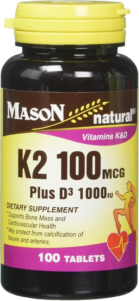 Mason Vitamina Naturală K2 100 mcg Plus D3 1000 UI Tablete 100 Count per flacon Cutie cu 3 300 comprimate