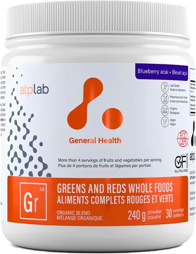 ATP LAB - Greens and Reds Whole Foods 240g (Blueberry Acai Arome) - Athletic Greens Powder Superfood - Îmbunătăţirea dispoziţiei şi circulaţia - Reduceţi presiunea