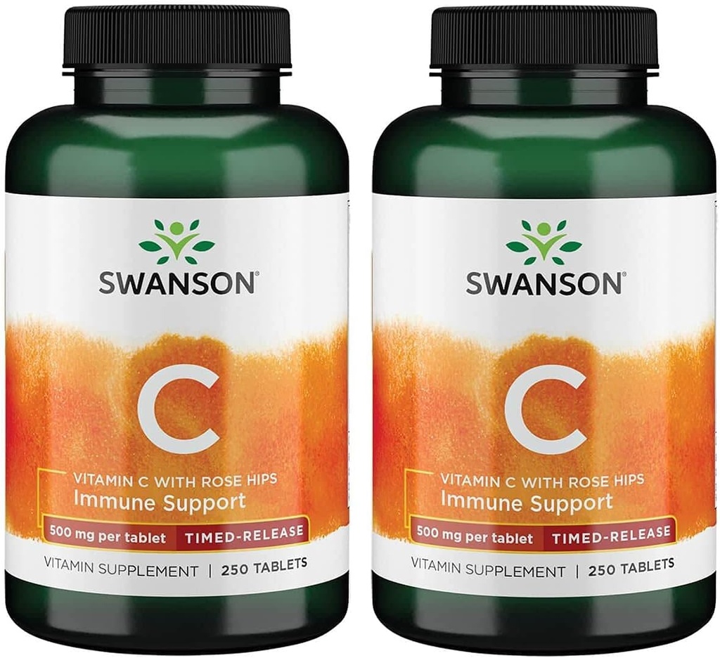 Swanson Timed-Release Vitamina C cu Rose HIPS Imunity System Support Skin cardiovascular Health Antioxidant Supliment 500 mg 250 comprimate (Tabs) (2 ambalaj)