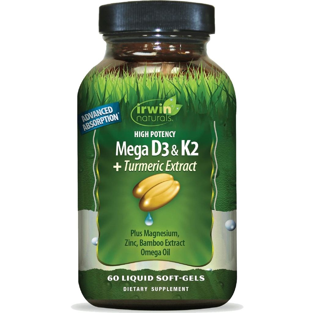 Irwin Naturals High Potence Mega D3 & K2 + Extract de turmeric - 60 Softgels lichid - funcţie imună şi osoasă sănătoasă