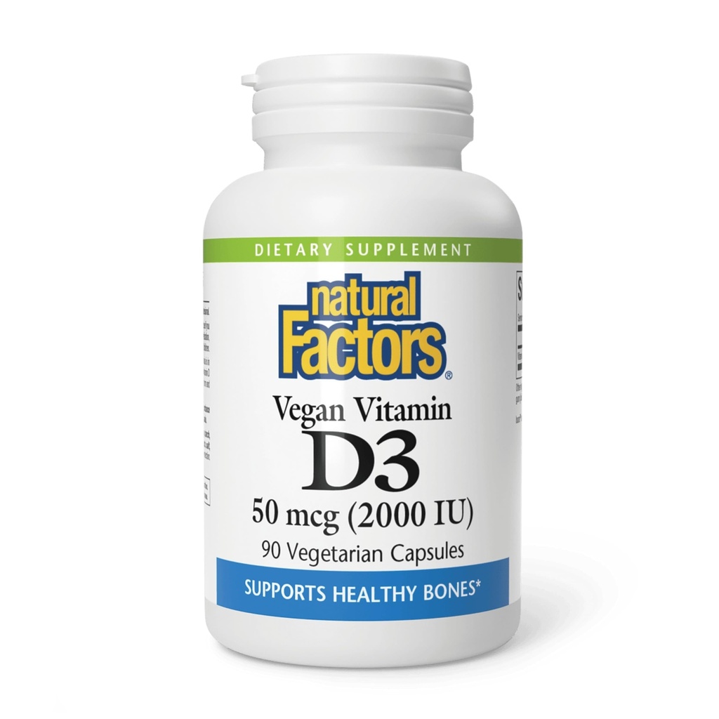 Factori naturali Vitamina Vegan D3 2000 UI - Susţine sănătatea osoasă şi imună - Colecalciferol pe bază de plante - Capsule vegetariene - 90 capsule (90 Servings)