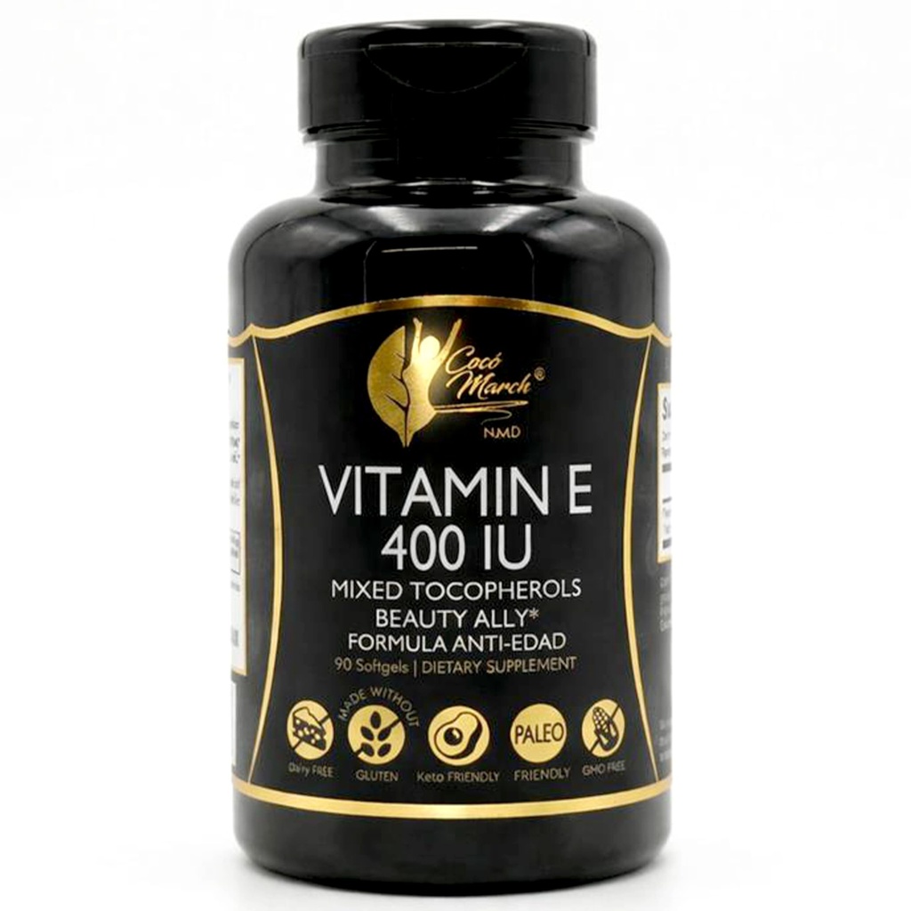 Cocó Martie N.M.D Vitamina naturala E 400 UI-amestecate Tocopherols, Beauty Ally, 3 Luna de aprovizionare - Gluten gratuit, Paleo Friendly, Dairy Free, Keto Friendly, OMG gratuit, 100 Softgels