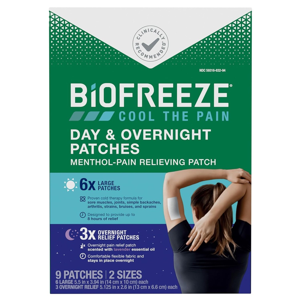 Biofreeze zi şi peste noapte durere de relief patch-uri, Mentol durere patch-uri pentru artrită şi dureri musculare relief, Comfortabil şi flexibil tesatura rămâne în loc, FSA / HSA eligibile, 9 patch-uri (6 zi, 3 noapte)