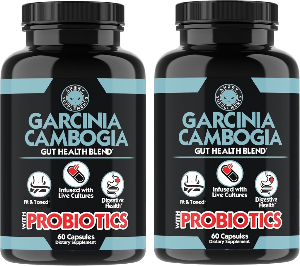 Suplimente Angry Garcinia Cambogia cu Probiotice, Gut Health Multivitamine w. Vitamine A, C, D, E, K, B2, Zinc, Seleniu, Cupru, Crom + Herbal Blend Capsule (2- Sticle, 120ct Total)
