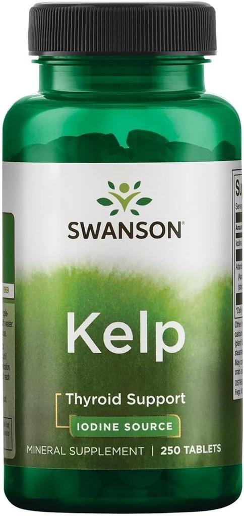 Swanson Premium Brand Kelp - Sursa naturală de iod care sprijină sănătatea tiroidiană - Suplimentul mineral w/Iodine Sursa standardizat 0.4% - (250 comprimate, 225mcg Fiecare)