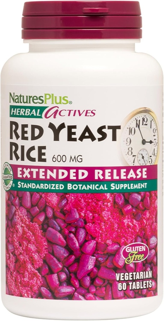 NaturesPlus Herbal Active Red Yeast Rice Extended Release 600 mg - 60 comprimate, Pachet de 3 - Suportă General Well-Being - Vegetarian, Gluten Free - 180 Total Servings
