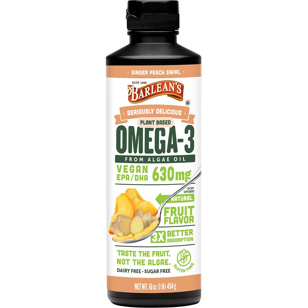Barlean lui Ginger Peach Vegan Omega 3 Supliment, lichid ulei de alge cu 630 mg EPA & DHA, plante pe bază de Omegas de ulei de alge, non-GMO & Gluten gratuit, 16 oz