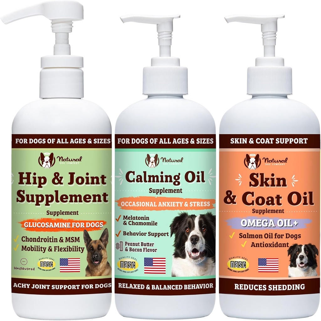 Natural Dog Company Wellness Bund$le pentru câini, produse alimentare Toppers, suplimente lichide cu (1) Skin & Coat Oil, (1) Liquid Glucosamine, (1) Ulei de calmare