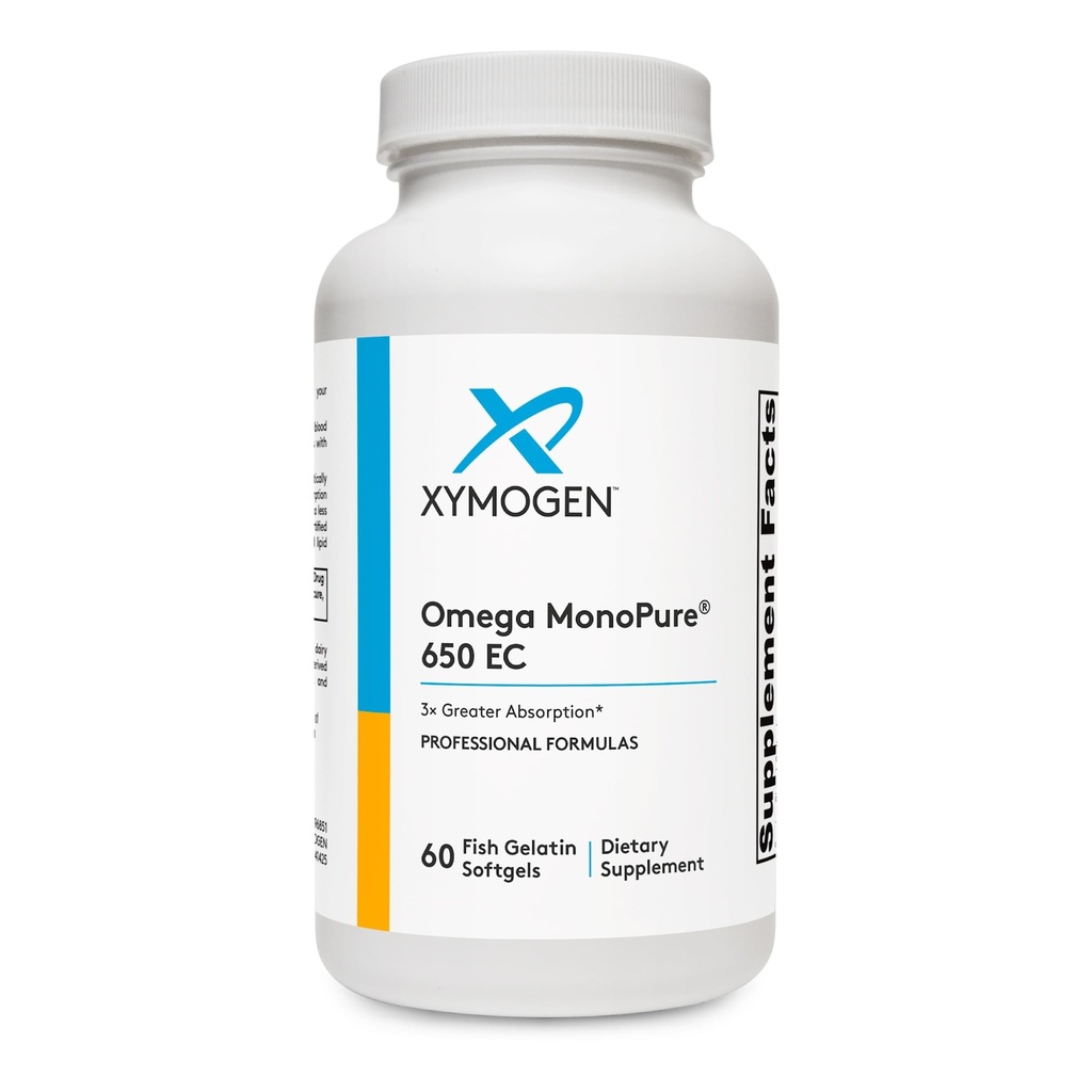 XYMOGEN Omega MonoPure 650 CE - Omega-3 Suplimente de ulei de pește pentru femei și bărbați - cu EPA, DHA & DPA - Small Softgels cu 3X Absorbție mai mare - Suport o inimă sănătoasă și cunoaștere (60 Softgels)