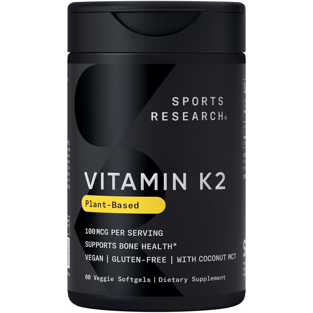 Sports Research® Vitamina K2 ca MK-7 100mcg cu ulei de cocos MCT - 60 Veggie Softgels (2 lună de aprovizionare) Vegan Certified, non-GMO verificat, Gluten & Soy Free