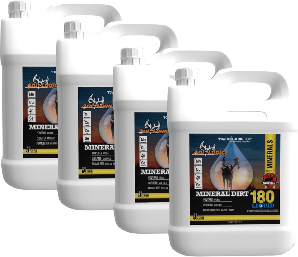 Ani-Logics Outdoors Mineral Dirt 180 Deer Liquid Mineral - Turn-On Atractant pentru blocuri, buşteni, & Stumps - Creare Minerale Licks & Support Herd Health - 1 Gallon, 4 Pack
