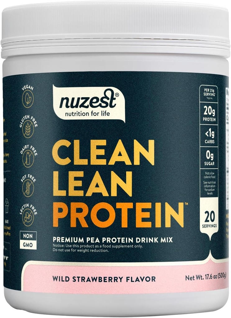 Nuzest - Pudră de proteine din mazăre - Proteină din lean curată, Praf de proteine pe bază de plante din Vegan Premium, Dairy Free, Gluten Free, GMG Free, Proteine Shake (1.1 (Pachet de 1), Căpșuni sălbatice)