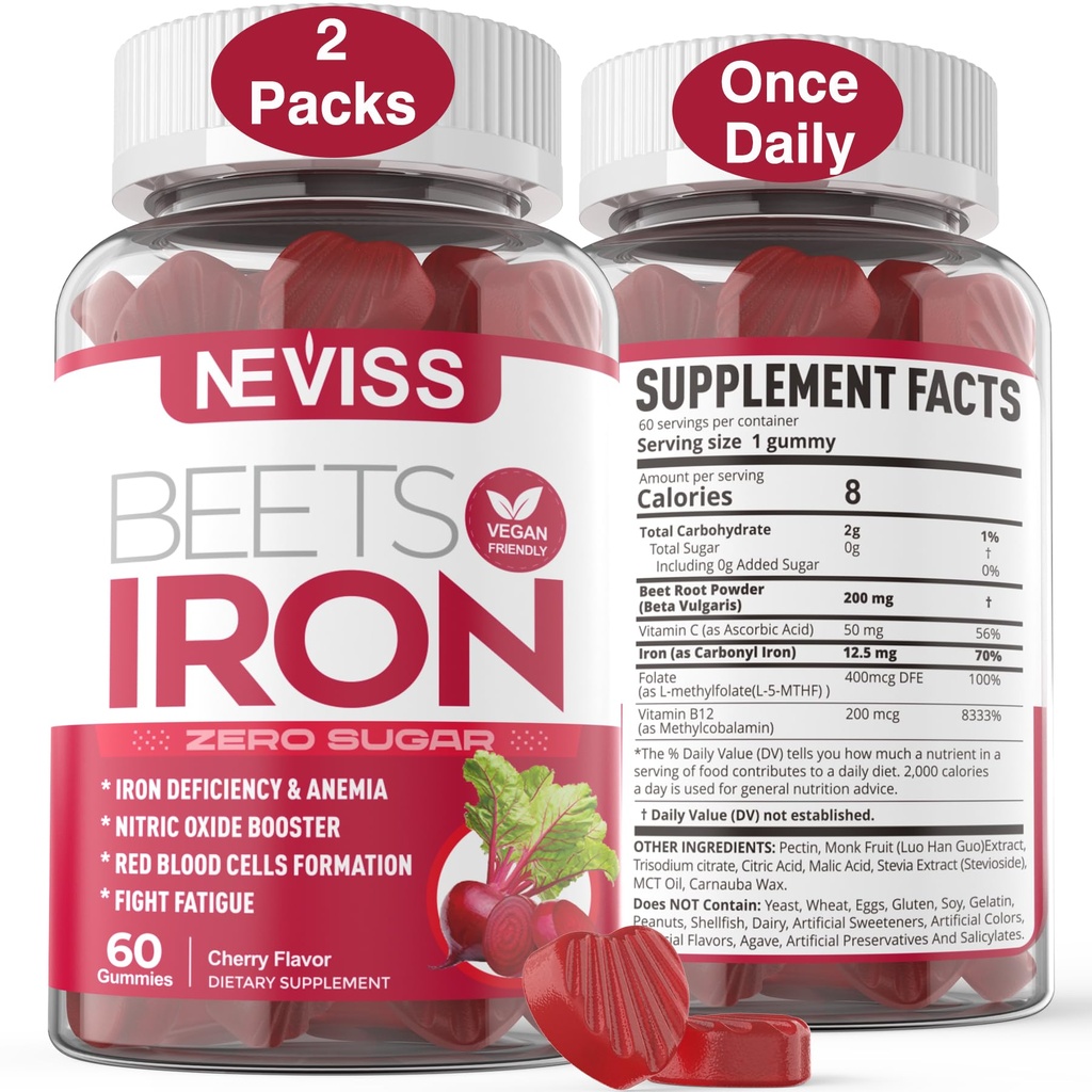 Sfeclă Root Gumies cu fier, metil B12, Folat, vitamina C - Creșterea oxid de azot și niveluri de fier, suport energetic, Lupta oboseală, Beetroot & Gentle Supliment de fier, Zahăr fără, 120 Conte