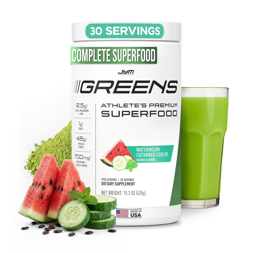 JYM Greens Super Food Powder for Performance, Pepene verde, Spirulina, Ciuperci, Vitamine, BroccoPhane & Broccoli, Men & Women, 30 Servings