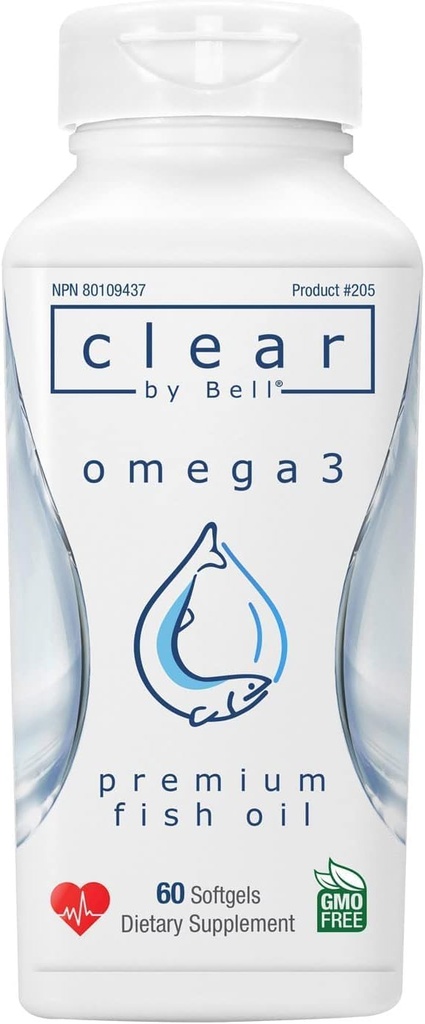 Bell Clear Pure Omega 3 Suplimente de ulei de pește, 2000 mg per Serving - Burp Free Premium, Clean and Clear, No Fishy Gust and No Repetes (burps), Cholesterol Free, OMG și Allergen Free, 60 Softgels