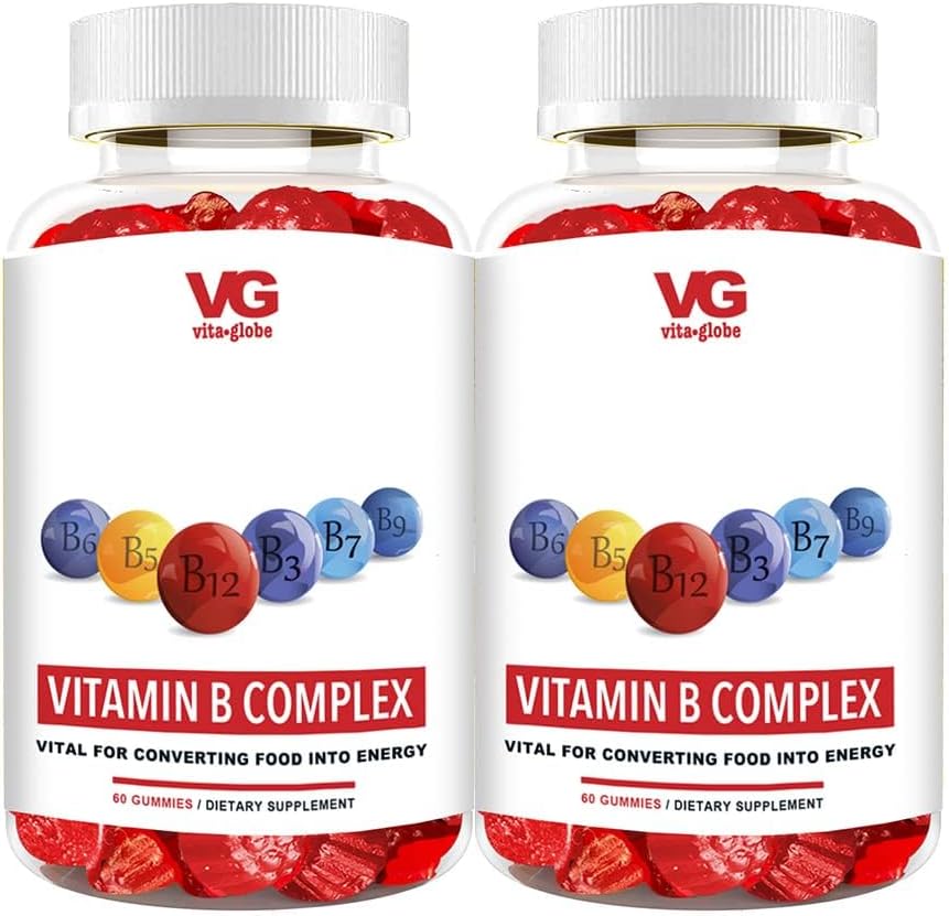 VITA GLOBE B Complex Gummy Vitamine - Aroma de capsuni cu vitamina C, Niacin, B6, B12 & Biotina pentru energie, Heart Health and Brain Support, 120 Conte (Pachet de 2)