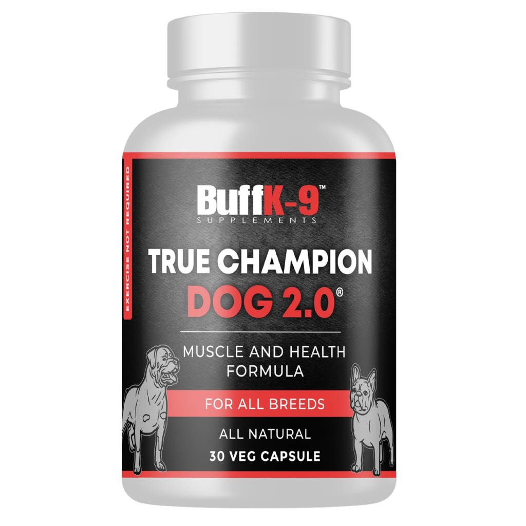BuffK-9 True Champ 2.0 Muscle Building Supliment pentru câini, Canin Support Capsule cu vitamina B6 B12 Ashwagandha Folate pentru muschi, os și sprijin comun, 30 Veg Capsule