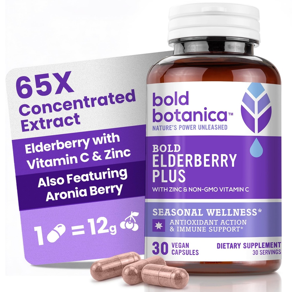 Bold Botanica Elderberry Plus - 65x concentrat Black Elderberry Extract cu zinc și vitamina C pentru suport imunitar zilnic și wellness sezonier - non-GMO, 30 Vegan capsule