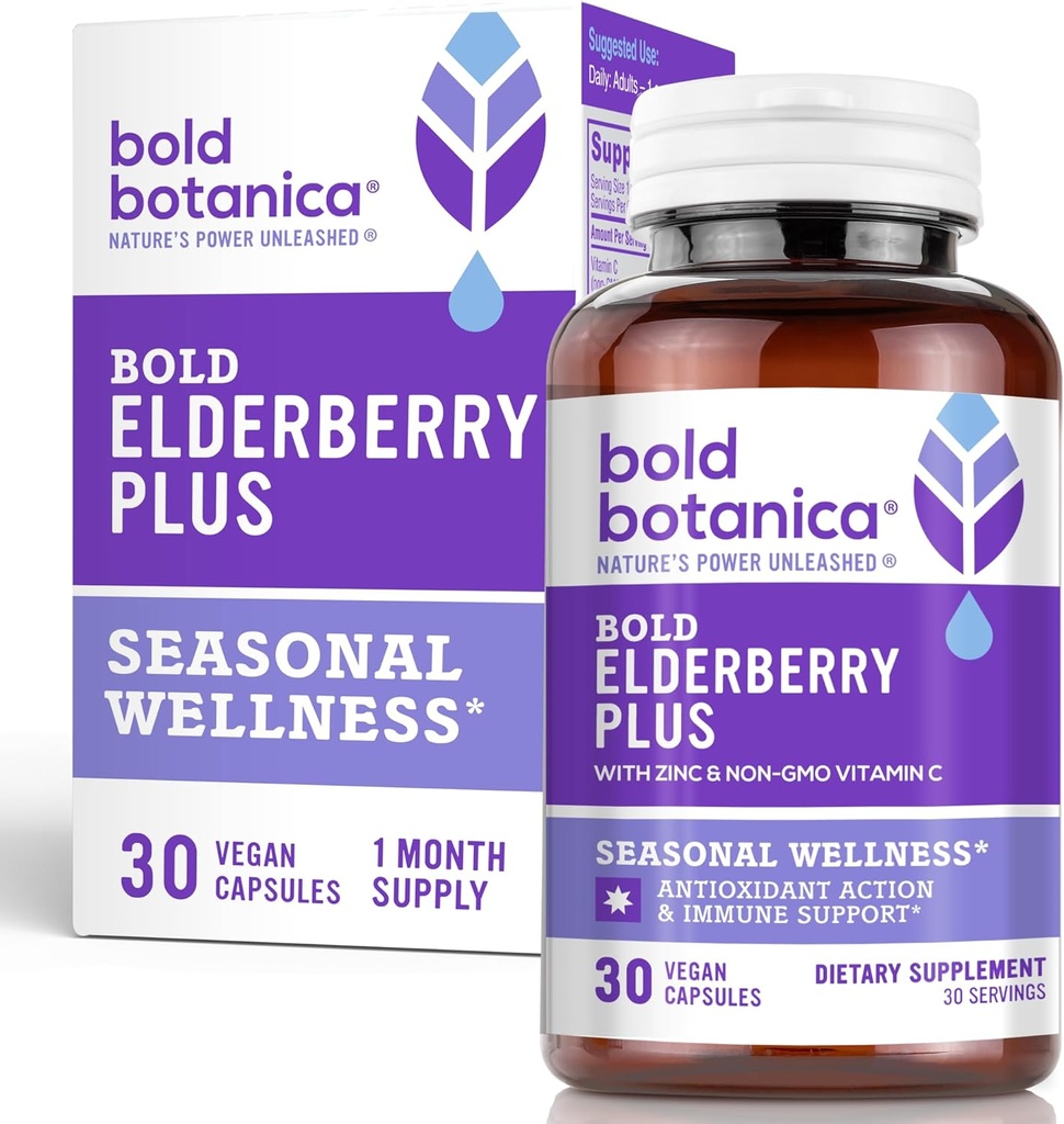 Bold Botanica Elderberry Plus - 65x concentrat Black Elderberry Extract cu zinc și vitamina C pentru suport imunitar zilnic și wellness sezonier - non-GMO, 30 Vegan capsule