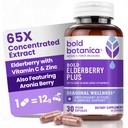 Bold Botanica Elderberry Plus - 65x concentrat Black Elderberry Extract cu zinc și vitamina C pentru suport imunitar zilnic și wellness sezonier - non-GMO, 30 Vegan capsule