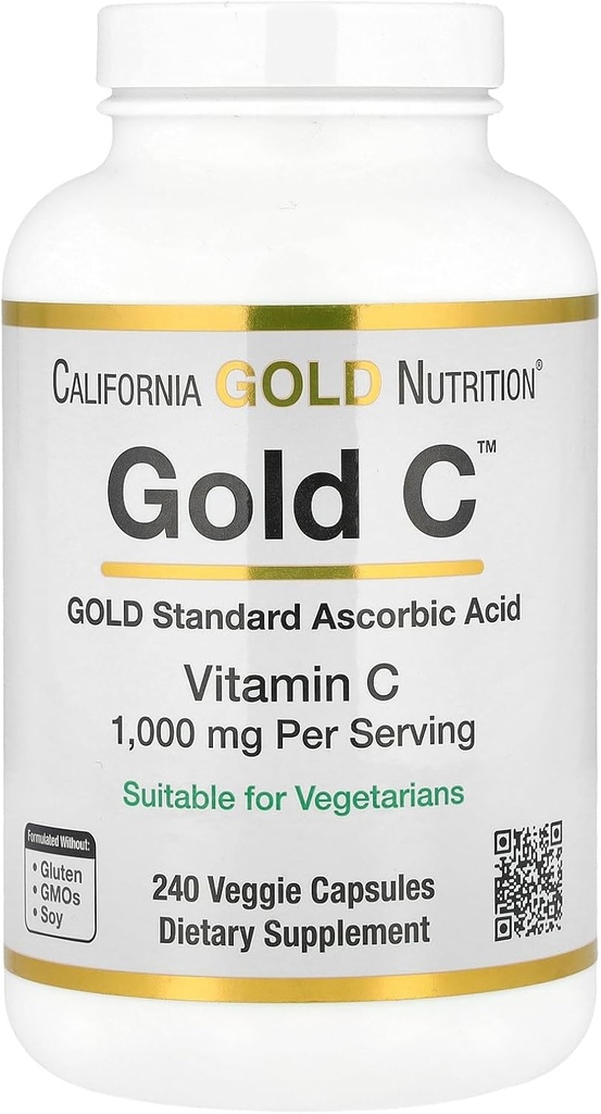 California Gold Nutrition Gold C Grad USP Vitamina C Supliment - Suport imun & Wellness sezonier - Vegetarian Friendly - Gluten Free, Non-GMO - 1000 mg - 240 Capsule vegetale