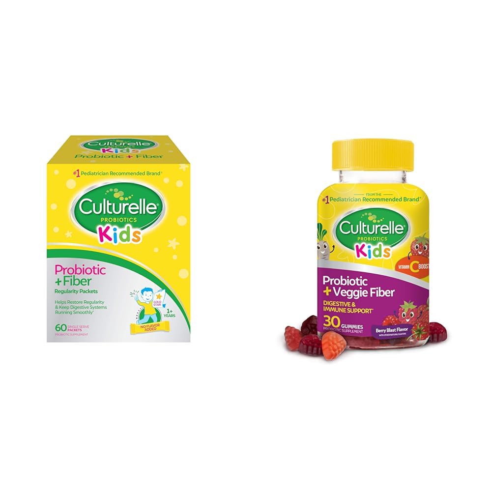 Culturelle Copii Probiotic + Fiber Packets (Egele 3+) - 60 Conte & Daily Probiotic pentru copii + Veggie Fiber Gummies (Vages 3+) - 30 Conte - Digestive Health & Imune Support Berry Flavor cu vitamina C