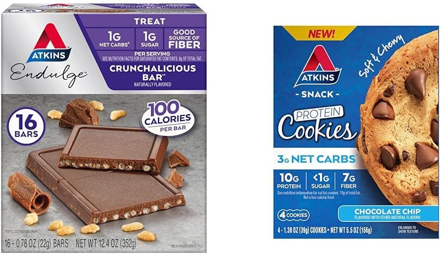 Atkins Endure Crunhalicious Chocolate Bar, 16 Count & Chocolate Chip Proteine Cookie, 4 Conte