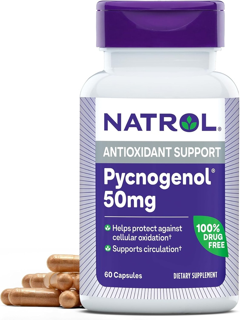 Natrol Pycnogenol Capsule, Antioxidant de protecție, Suplimentul protejează împotriva oxidării celulare și daune cauzate de vârstă, extractul european de pin maritim Bark, susține circulatia, 50 mg, 60 Conte