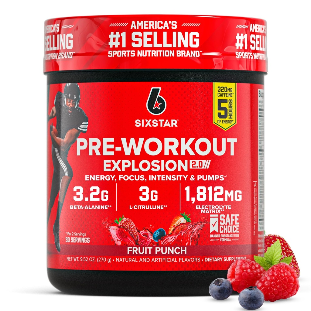 Șase stele pre-Workout pulbere pentru bărbați și femei, Punch de fructe (30 de serviri) - Explozie pre-workout 2.0 Energetic Powder Drink Mix cu Beta-Alanină și Cafeina - Sporturi Supliment de nutriție Produse