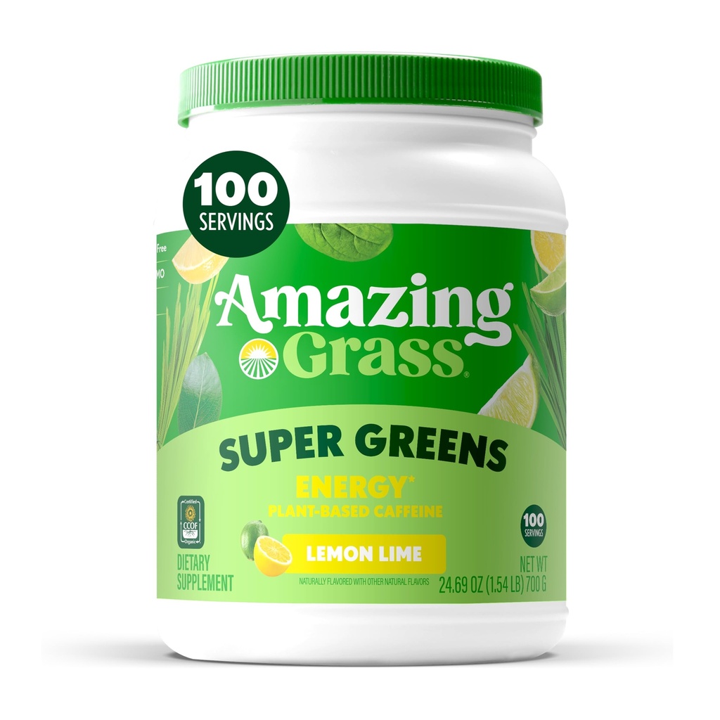 Uimitoare iarbă verde Superfood Energie: Super Verzi pulbere și plante pe bază de cofeină cu ceai verde, Root Root Powder & Flax Seed, Lămâie, 100 Serviri (Packing May Vary)